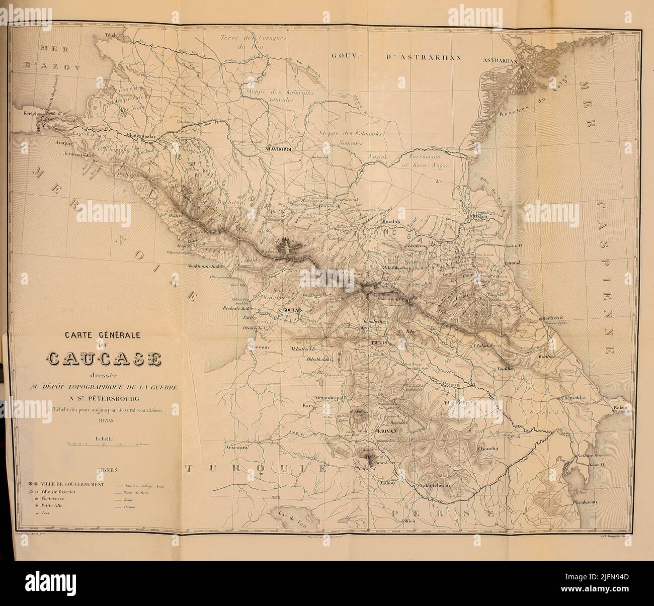Carta antica del Caucaso; dal libro Lettres sur le Caucase et la Crimée : ouvrage arricchi de trente vignettes dessinées d'après nature et d'une carte dressée au Dépôt topographique de la guerre à Saint-Pétersbourg [lettere sul Caucaso e la Crimea: Opera arricchita con trenta vignette tratte dalla natura e una mappa elaborata al Topographic War Depot di San Pietroburgo] di Floriant Gille, anno di pubblicazione 1859 Editore Parigi : Gide Foto Stock