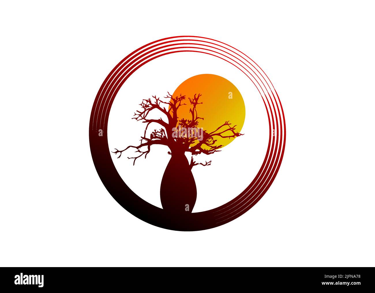 Boab o Baobab albero vettore isolato, albero silhouette cerchio logo concetto icona, illustrazione segno isolato su sfondo tramonto Illustrazione Vettoriale