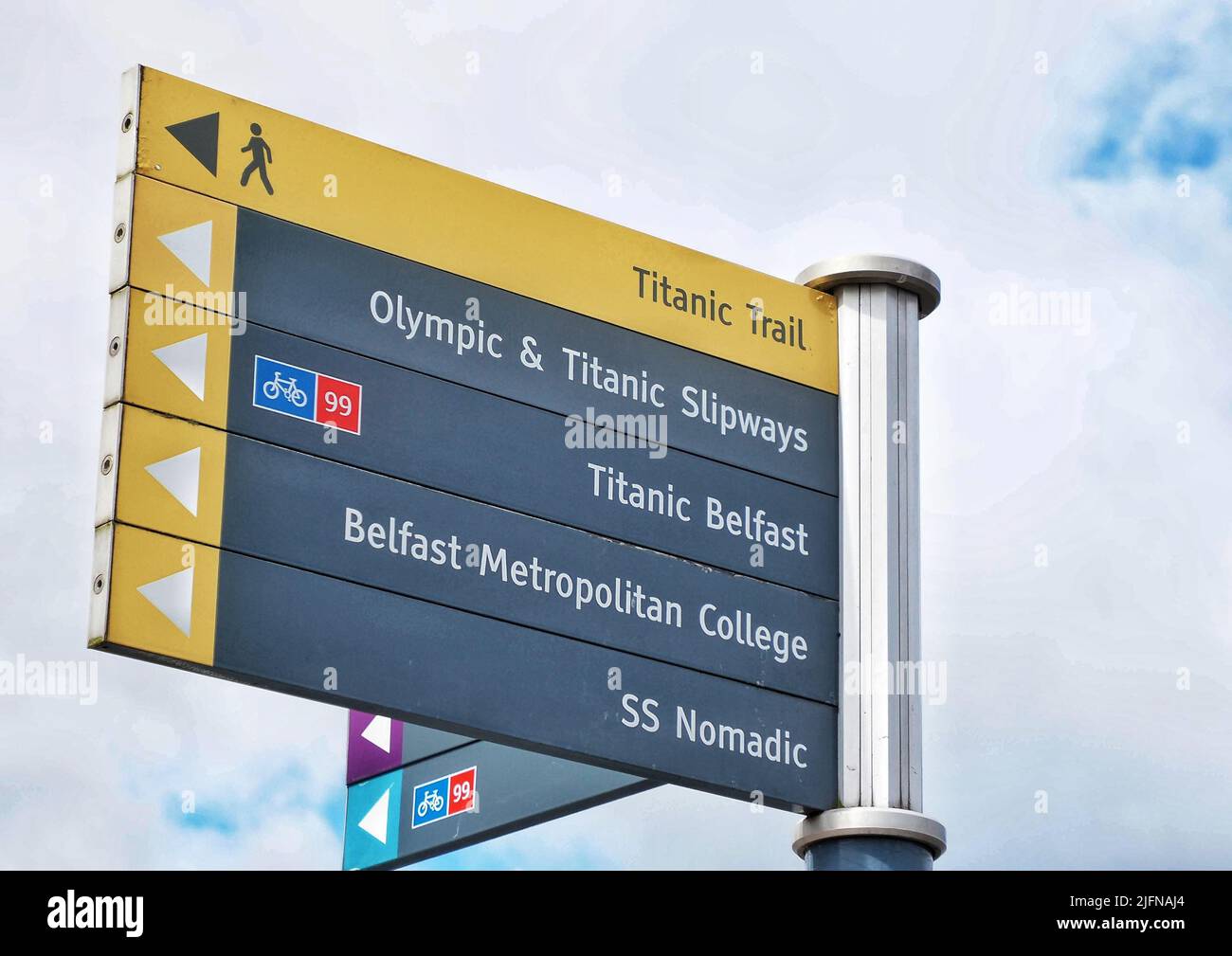 Segnaletica informativa turistica sul lungomare di Belfast Foto Stock