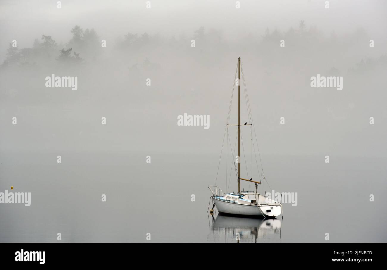 Oak Bay, British Columbia, Canada, 4 luglio 2022 - Una barca a vela è ancorata tra la nebbia e la pioggia al largo della grande città Victoria di Oak Bay, quando il tempo umido è tornato a Vancouver Island e la British Columbia costiera. Don Denton/Alamy Live News Foto Stock