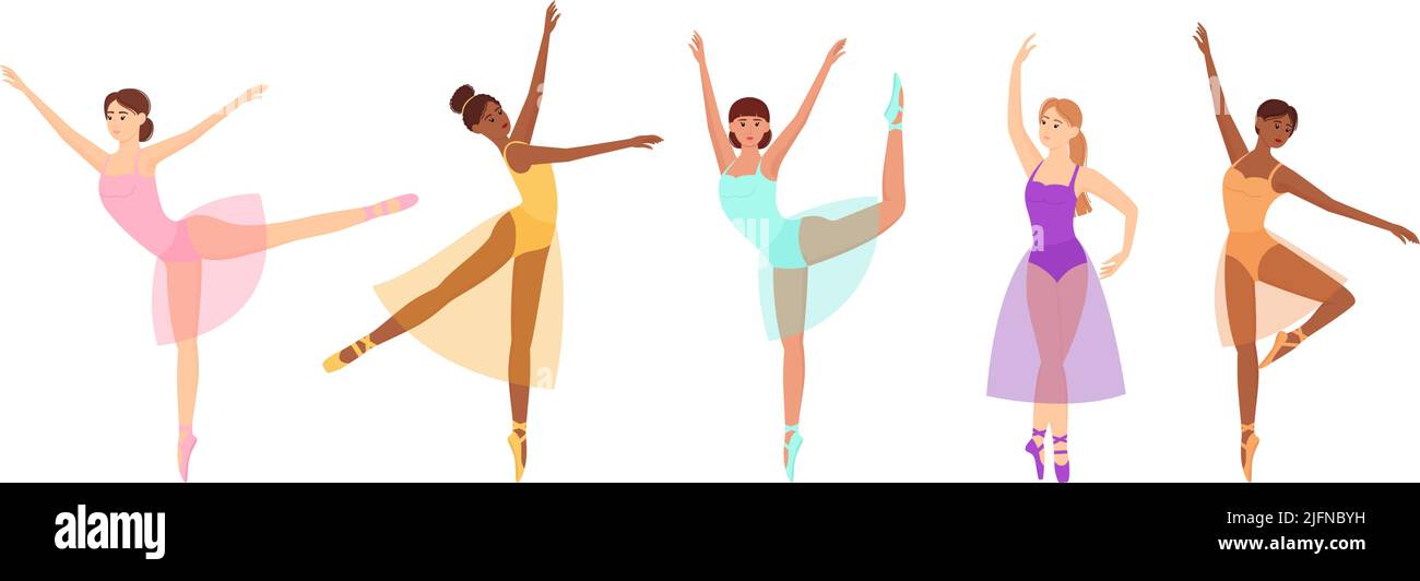 Ballerino. Bella ballerina da ballo. Set di donne graziose in abiti balletti, illustrazione vettoriale Illustrazione Vettoriale