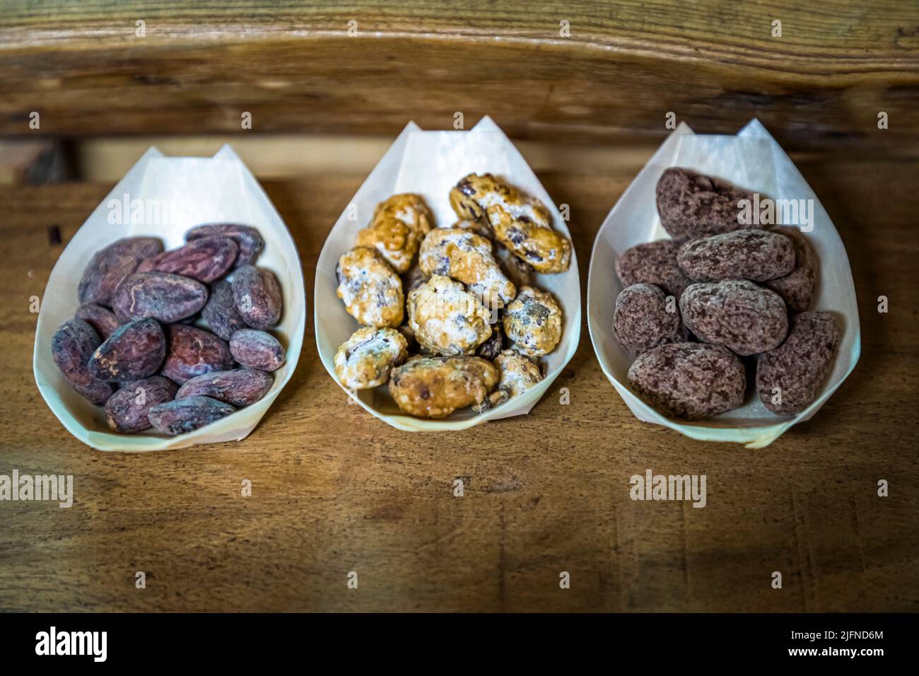 Vassoi di degustazione di fagioli di cacao di São Tomé alla Chocolaterie Frigoulette a Beaufort-sur-Gervanne (Die, Francia). I visitatori possono assaggiare i fagioli di cacao tostati, ricoperti di zucchero e ricoperti di cioccolato. Frigoulette utilizza solo il cacao di São Tomé Foto Stock