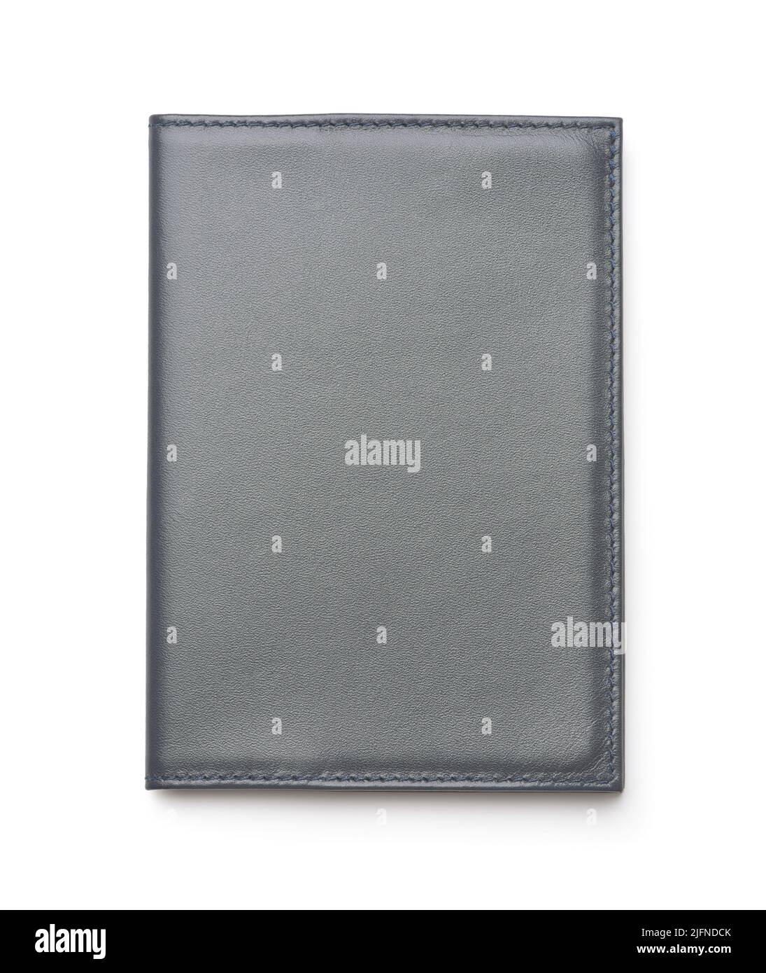 Vista frontale del coperchio della carta d'identità in pelle grigia isolato su bianco Foto Stock