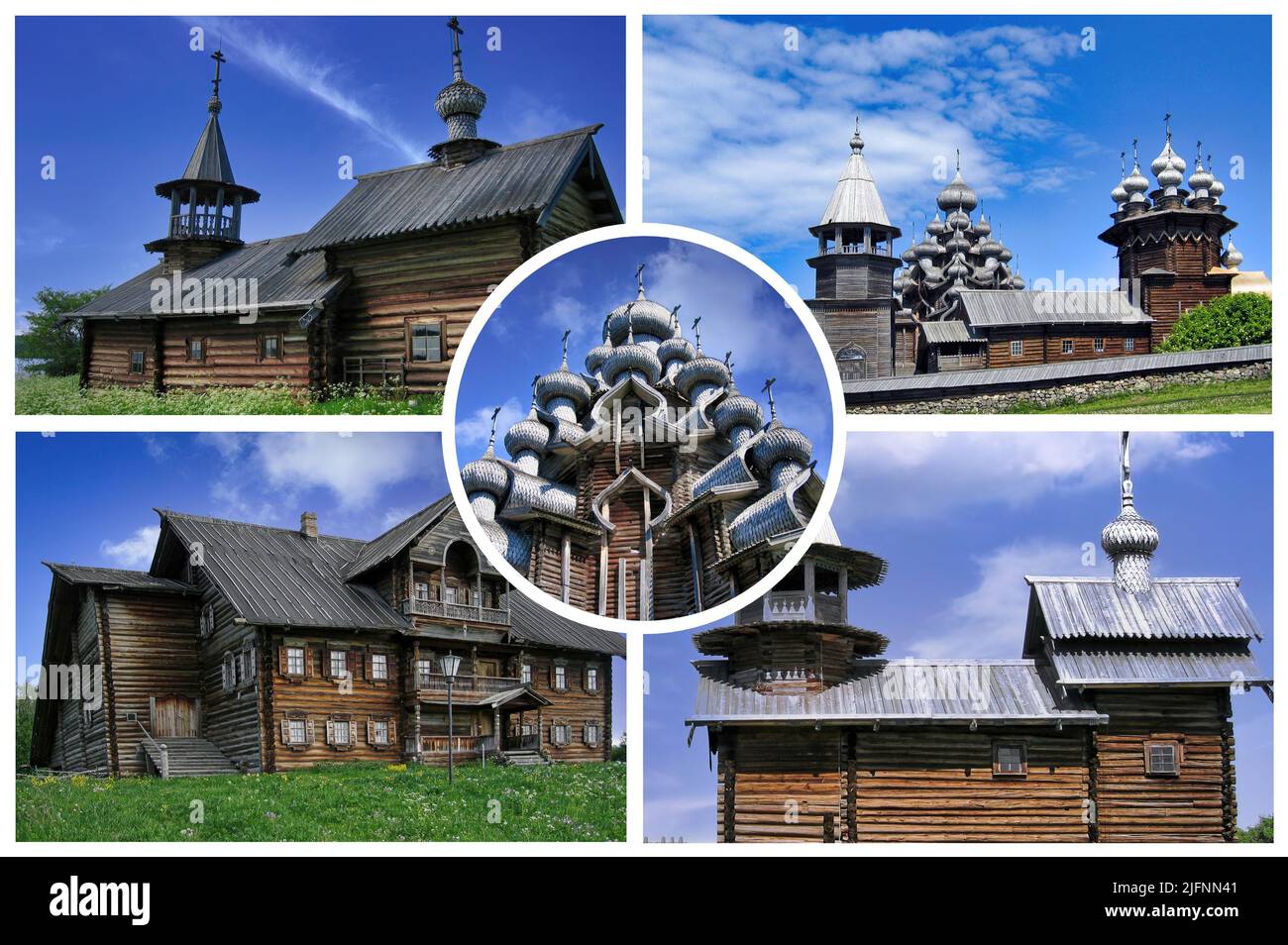 Kiži è un'isola situata in Karelia Russia, caratterizzata da chiese in legno, e case. È una delle destinazioni turistiche più popolari in Russia Foto Stock