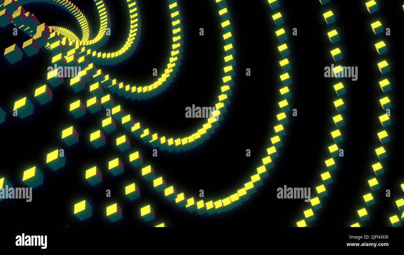 Spostamento del flusso di linee dai quadrati. Design. Le linee curve dei quadrati si spostano nello spazio. 3D cubi si muovono in un soffitto curvo di linee su sfondo nero Foto Stock