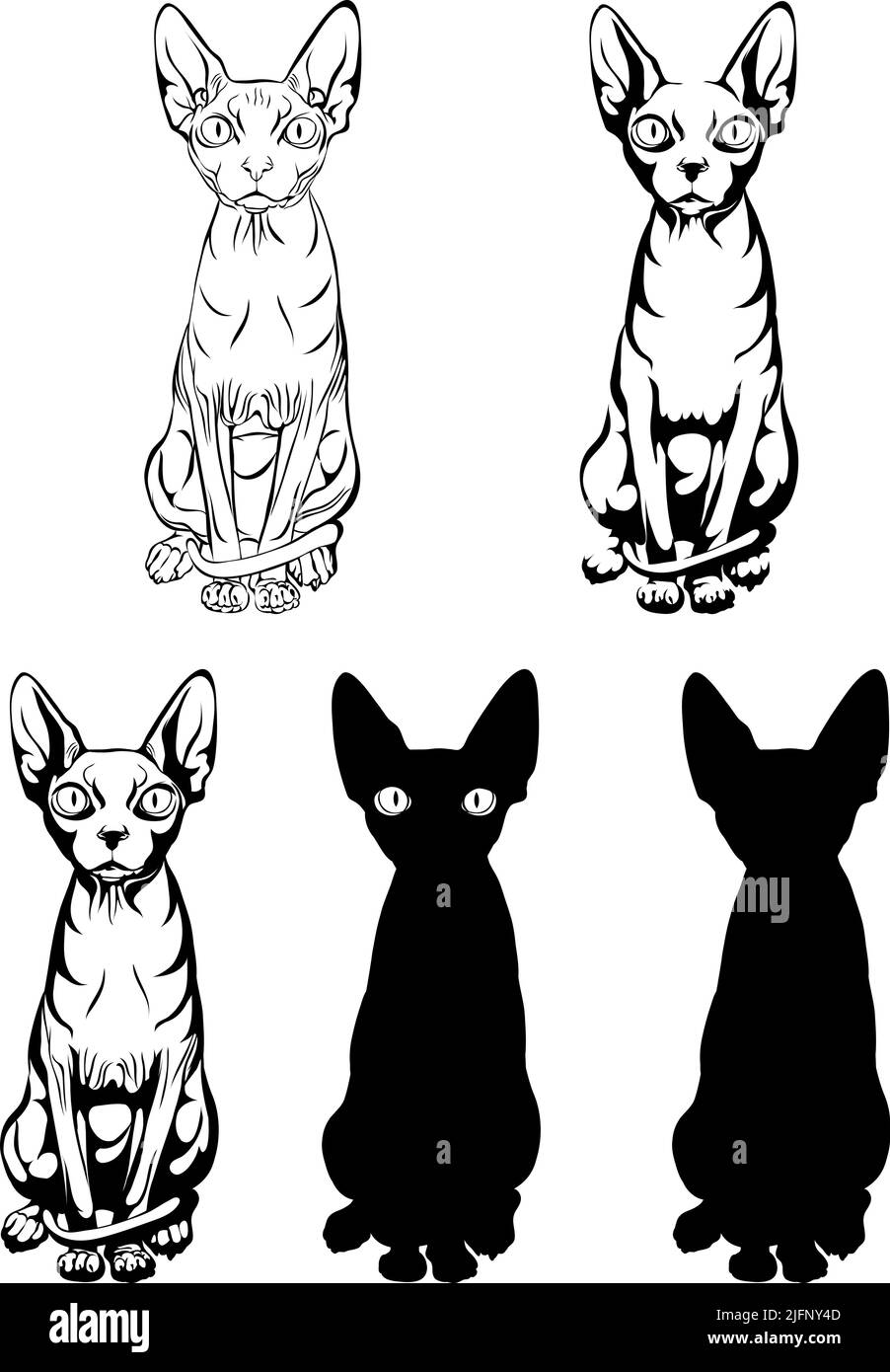 Immagine di un gatto, gatto Sphynx, ritratto, figura, illustrazione, set, bianco, nero, isolato, semplice, icona, arte, simbolo, grafica, disegno Illustrazione Vettoriale