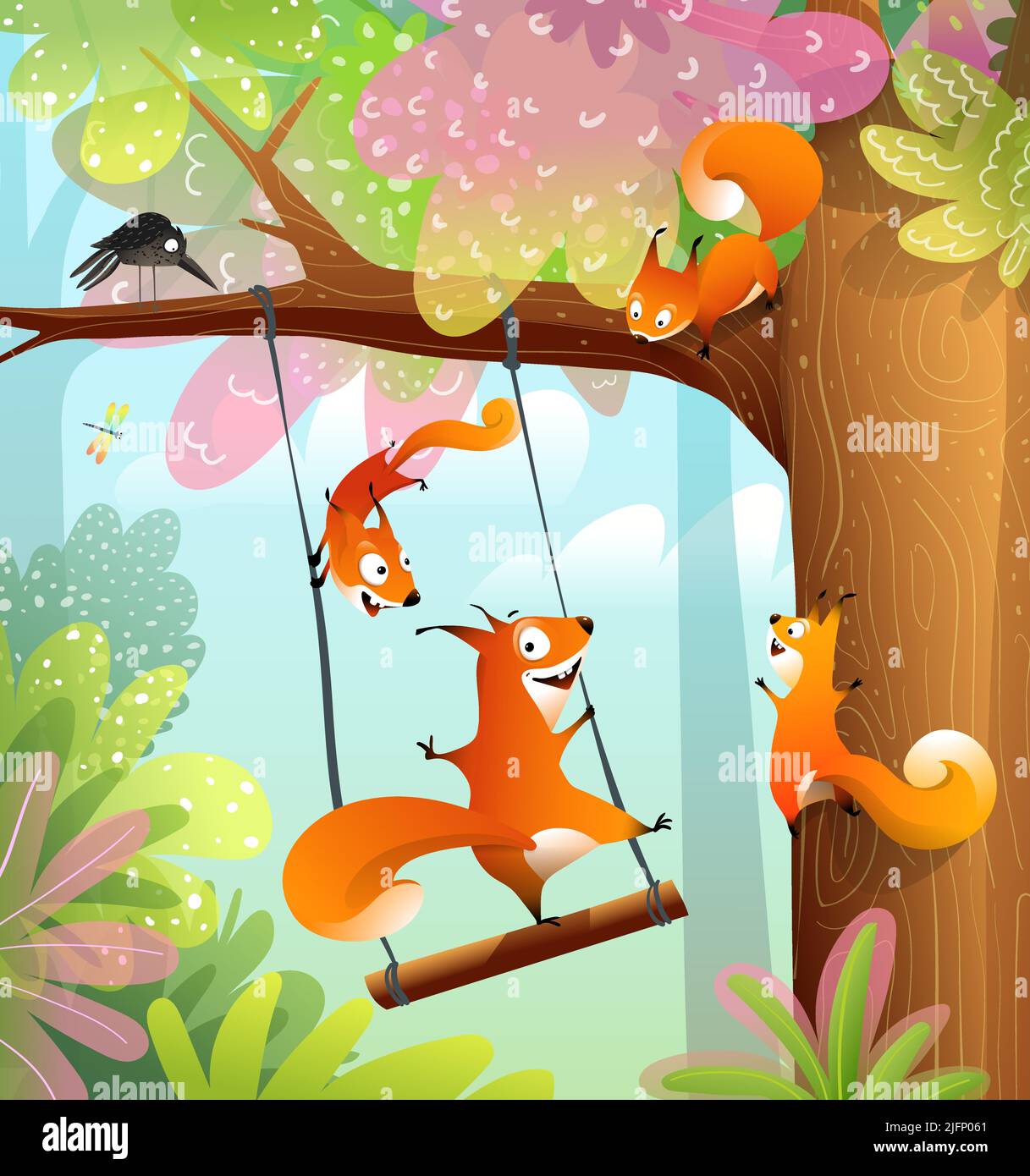 Gli scoiattoli di Naughty oscillano nella foresta Illustrazione Vettoriale