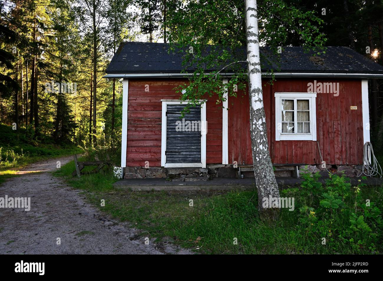 tradizionale casa finlandese in legno nella foresta Foto Stock