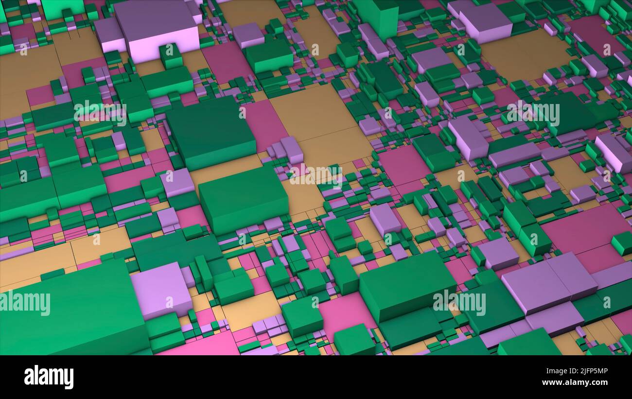 Cubi colorati sullo schema. Movimento. Astratto 3D pianta della città con cubi colorati. Proiezione di colorato 3D spazio di microchip o piano della città Foto Stock