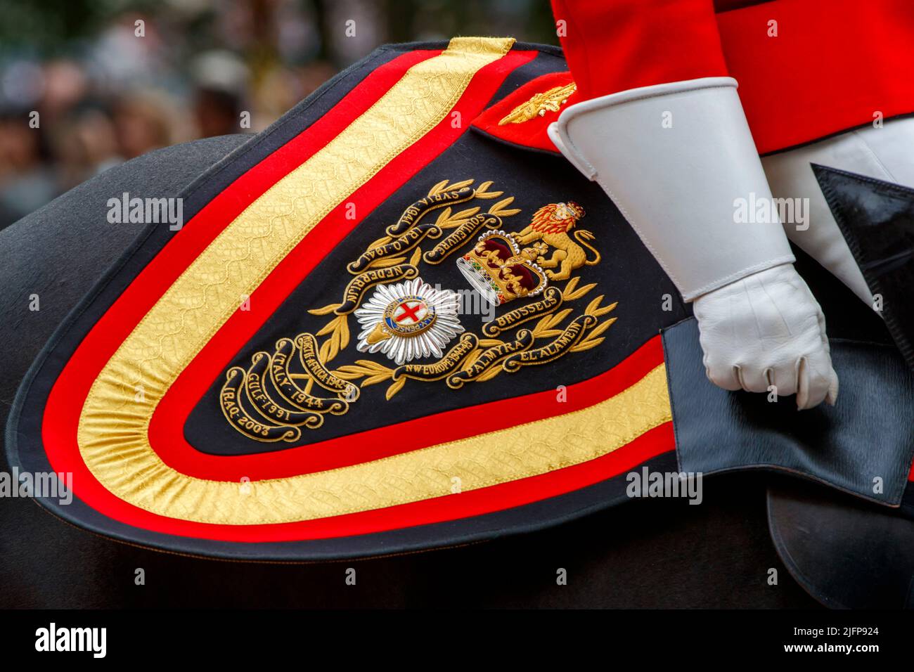 La sella della Coldstream Guards ha montato ufficiale a Trooping the Color, Colonel’s Review in the Mall, Londra, Inghilterra, Regno Unito sabato, maggio Foto Stock