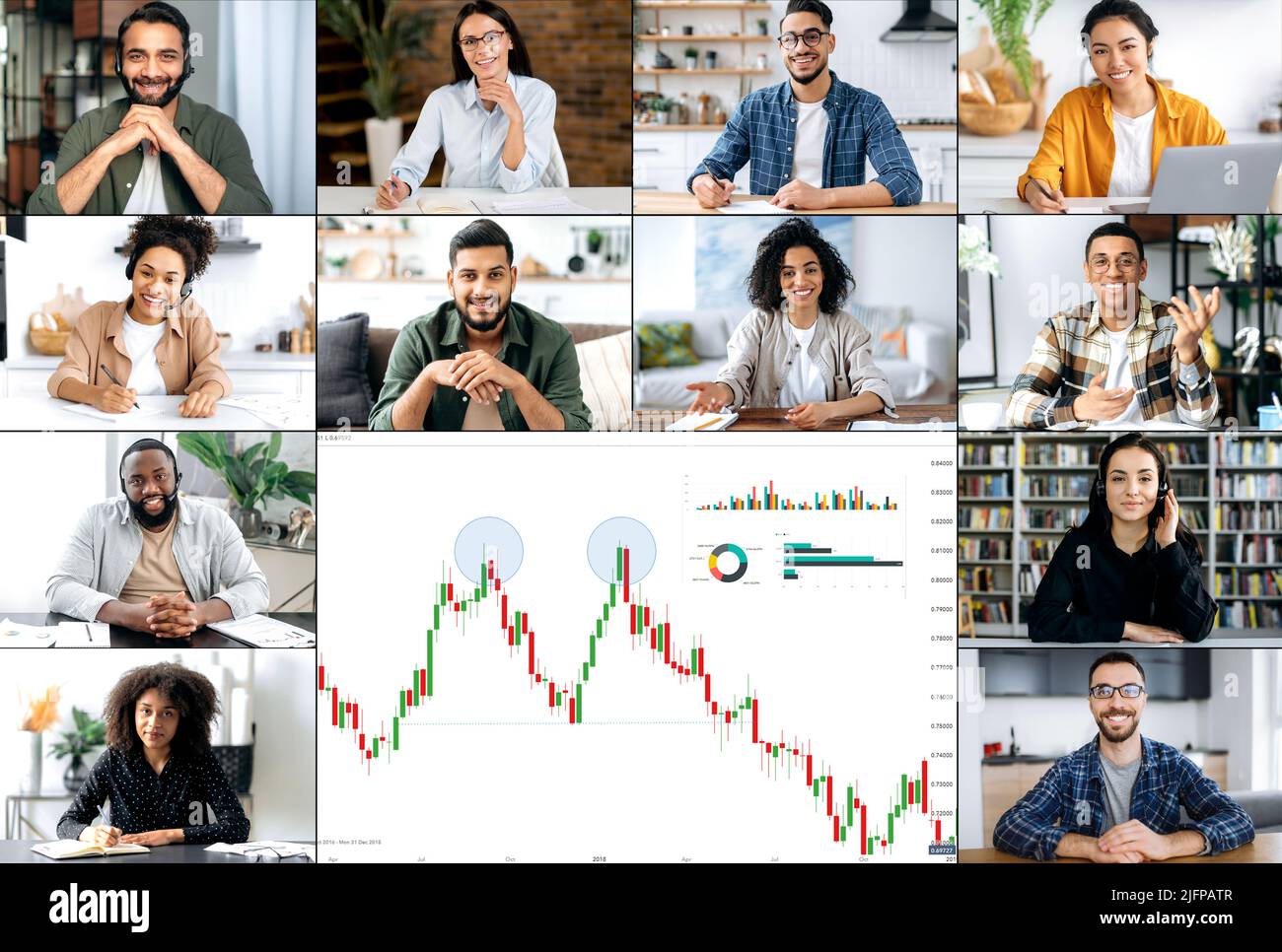 Briefing finanziario online. Gruppo di professionisti finanziari intelligenti multirazziali, colleghi, riuniti in una videoconferenza, condurre un'analisi di una strategia finanziaria, studiare un grafico finanziario Foto Stock