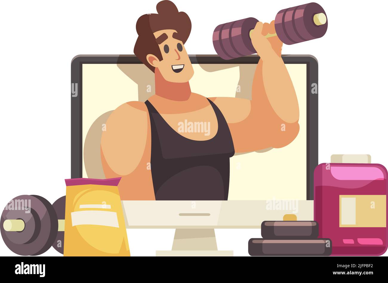 Icona Cartoon con attrezzature sportive blogger e illustrazione vettoriale nutrizionale Illustrazione Vettoriale