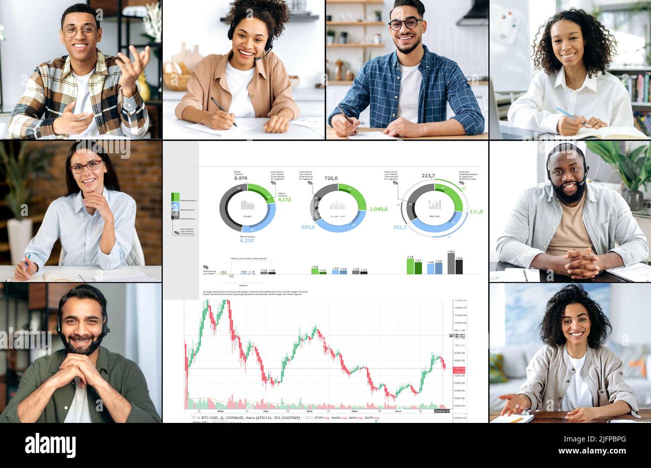 Briefing finanziario, brainstorming, incontro virtuale dei colleghi. Gruppo di successo di imprese multirazziale dipendenti, esperti finanziari, discutere la strategia finanziaria, analizzare il calendario, possibili rischi Foto Stock