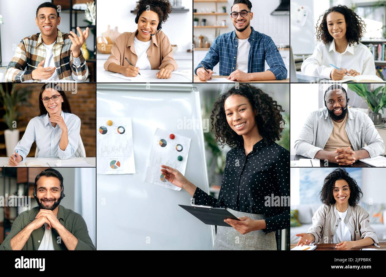 Fidata donna afroamericana intelligente, business leader, con video briefing online con i partner commerciali, donna finanziaria esperta conduce webinar economico, lezione per subacquei persone di successo Foto Stock