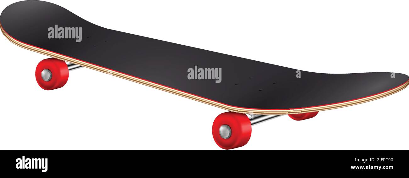 Skateboard composizione realistica con immagine isolata di skateboard con ruote rosse su sfondo vuoto illustrazione vettoriale Illustrazione Vettoriale