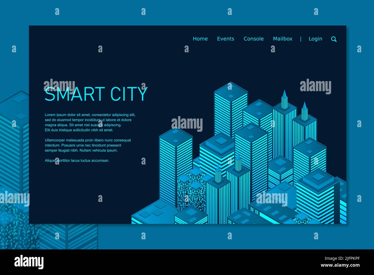 Città futuristica isometrica con grattacieli. Tecnologia urbana intelligente per il business e la vita. Edifici intelligenti. Business center con grattacieli. Smar Illustrazione Vettoriale