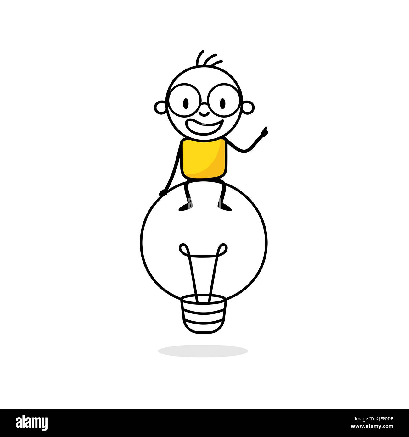 Illustrazione di un uomo seduto sopra una lampadina grande. Creatività e concetto di idea. Stickman tirato a mano isolato su sfondo bianco. Vettore Illustrazione Vettoriale