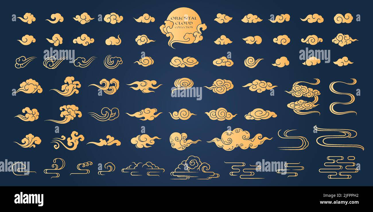 Nuvola cinese elemento orientale illustrazione vettoriale grande collezione sfumatura riempita silhouette dorata stile Illustrazione Vettoriale