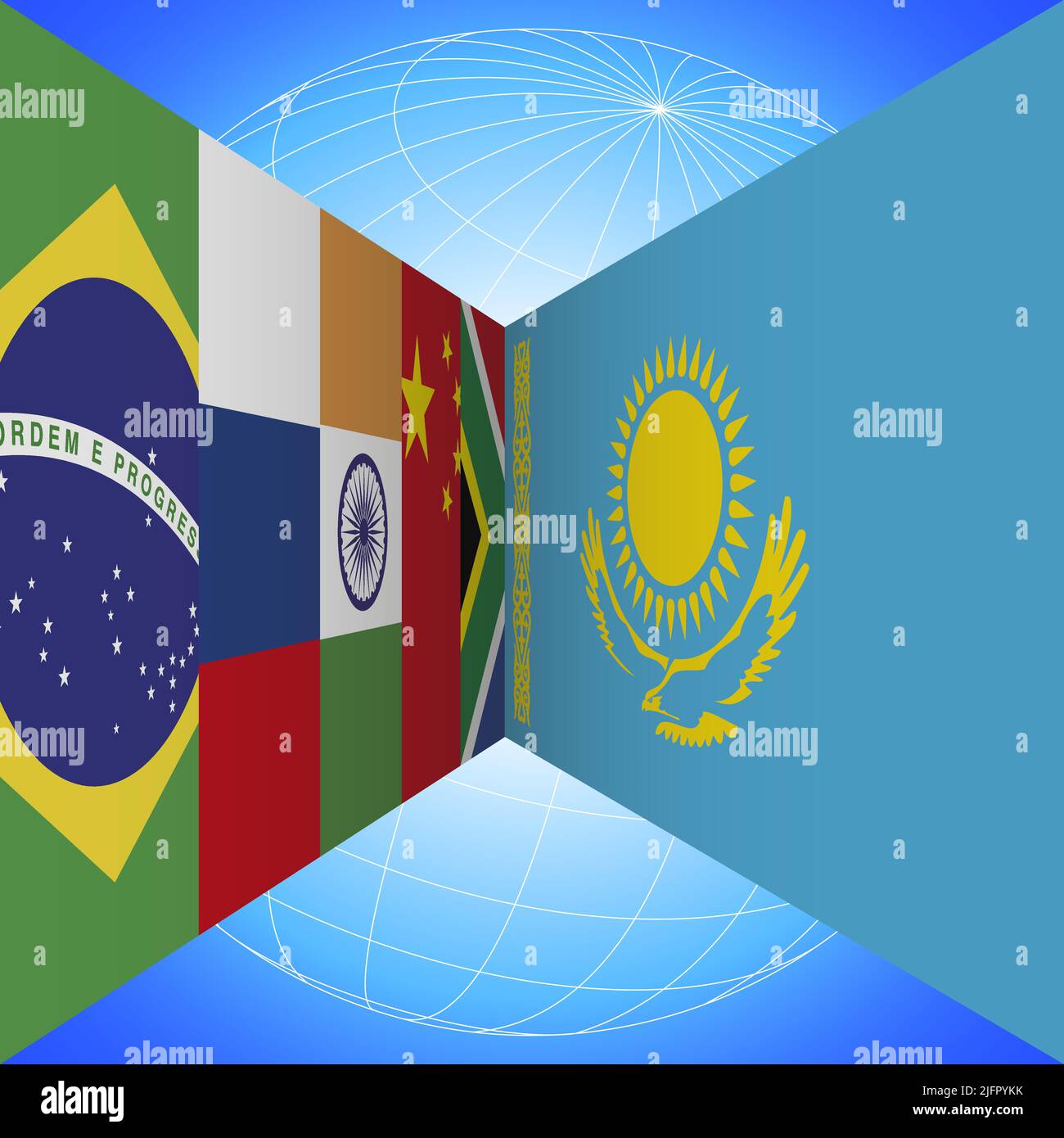 I BRICS bandierano i paesi e il Kazakhstan con il globo terrestre in prospettiva su sfondo blu, illustrazione vettoriale Illustrazione Vettoriale