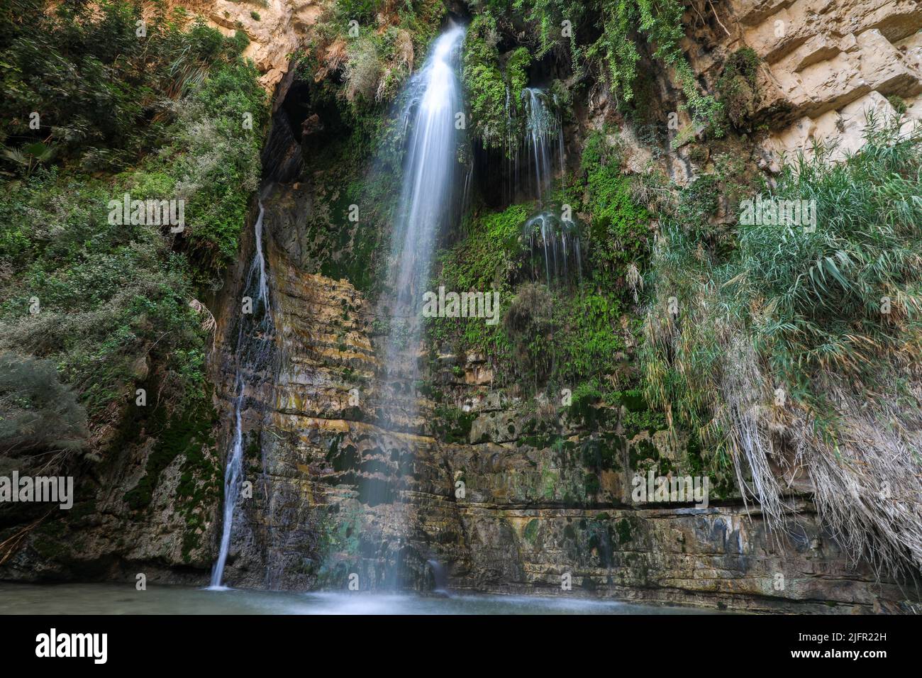 Cascata e piscina nel deserto. Cascata, Ein Gedi, Israele Foto Stock