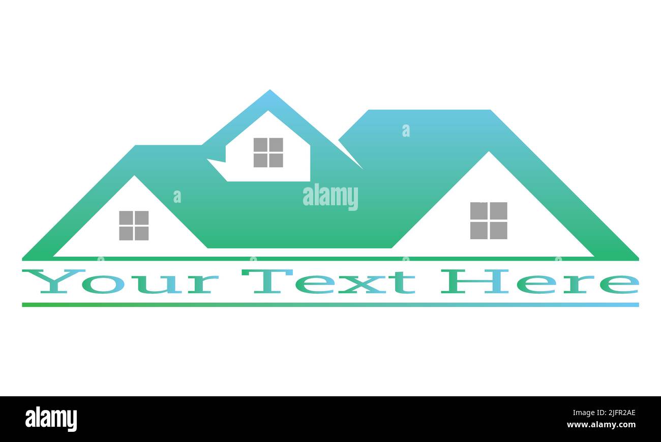 Vendita casa costruzione azienda logo design verde e grigio finestre di colore piano stile vettore isolato su sfondo bianco illustrazione. Illustrazione Vettoriale