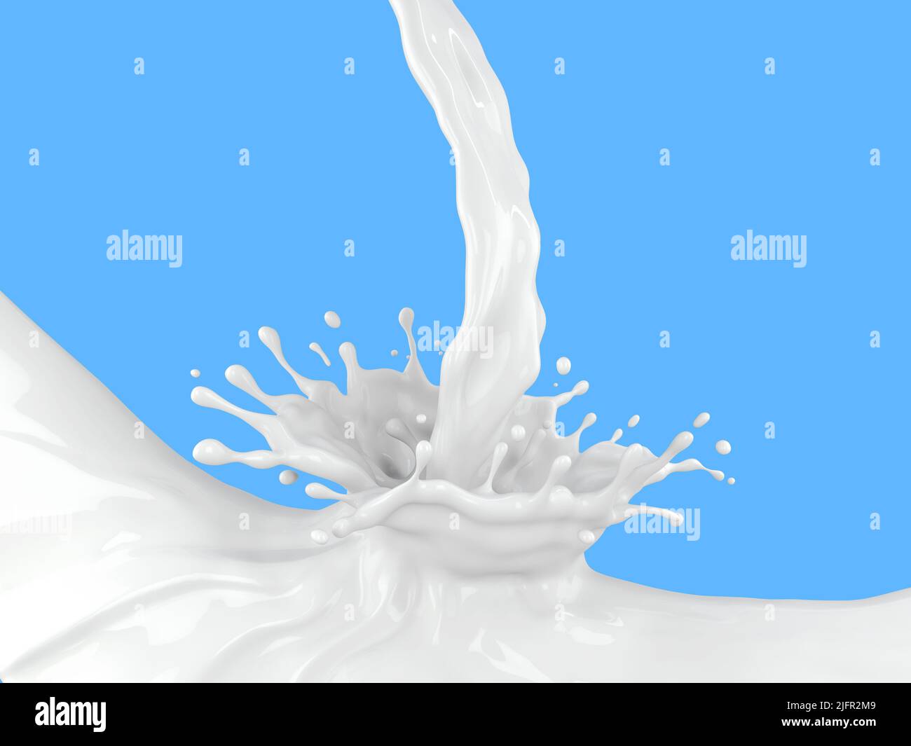 3d illustrazione di schizzi di latte su sfondo blu con percorso di ritaglio Foto Stock