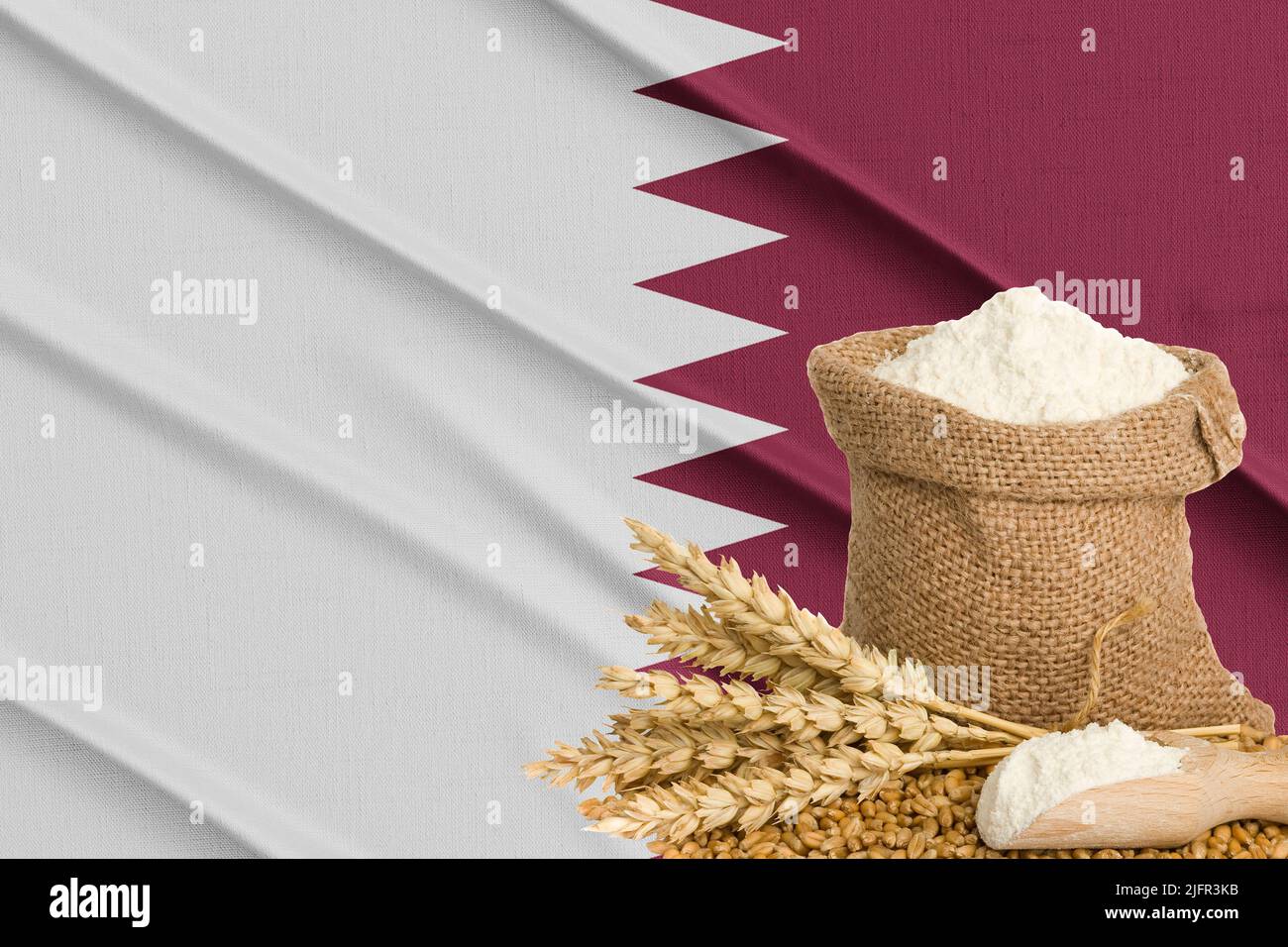 Qatar grano crisi, concetto globale crisi della fame, sullo sfondo Bandiera Qatar grano grano grano. Concetto di coltivazione del grano in Russia Foto Stock