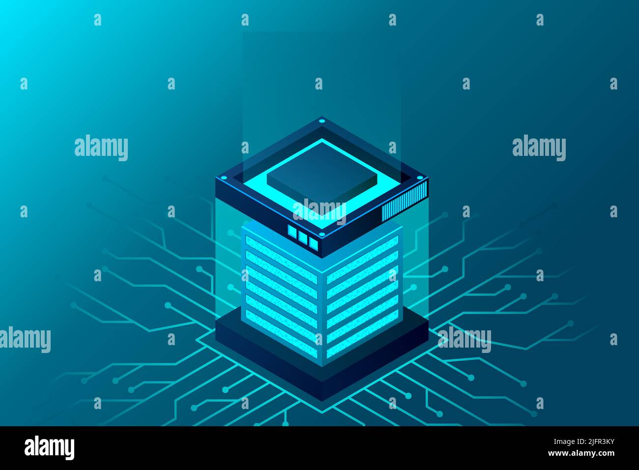 Pagina di destinazione del data center isometrico. Progettazione vettoriale dei server isometrici. Concetto di soluzioni di hosting aziendale. Grande data center moderno, sala server, cloud Illustrazione Vettoriale