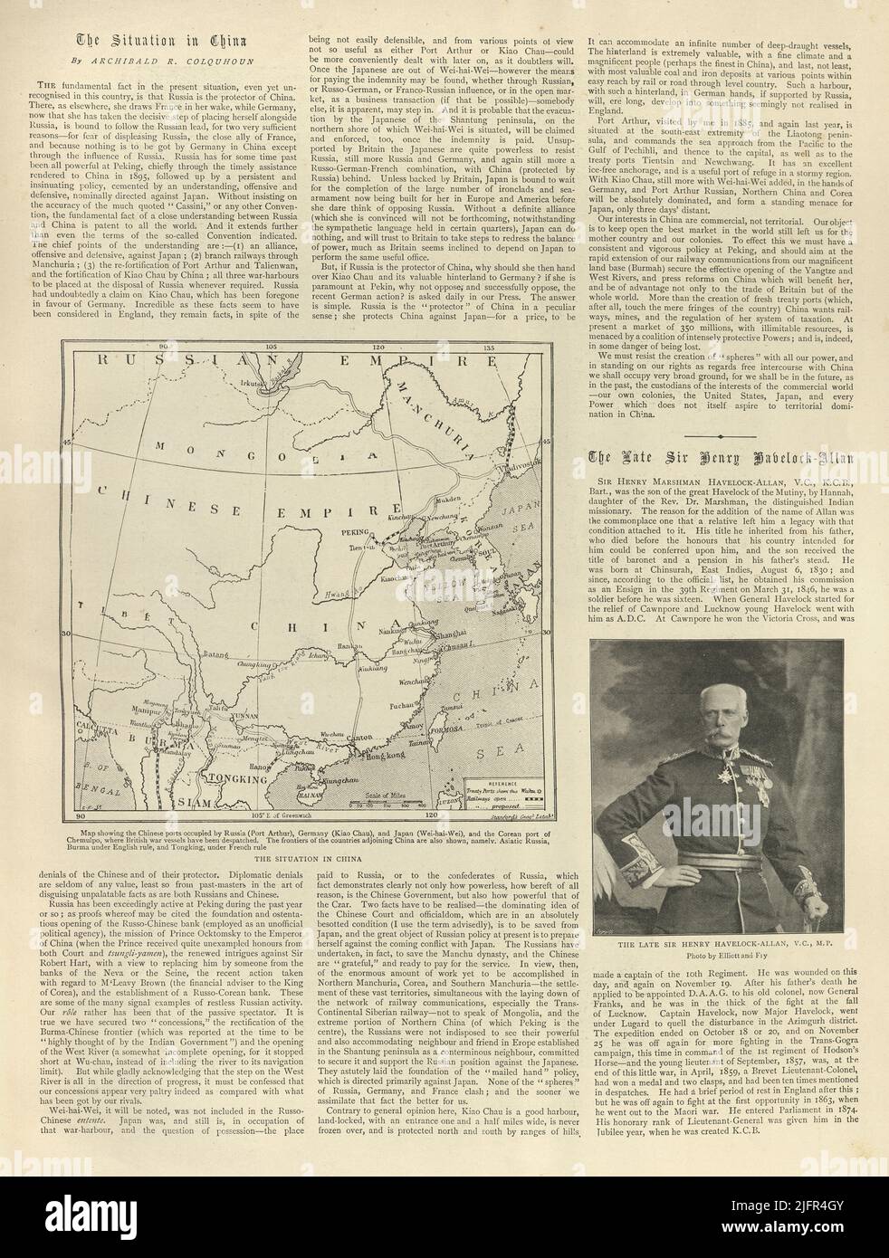 Pagina del giornale vintage, 1898, situazione in Cina, Mappa Impero Cinese, Generale Sir Henry Havelock-Allen Foto Stock