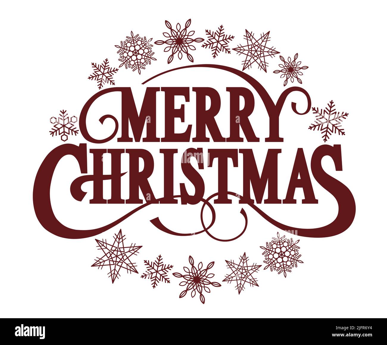 Logo Merry Christmas Vector. Logo decorativo rosso con disco oscillante isolato su sfondo bianco. Illustrazione Vettoriale