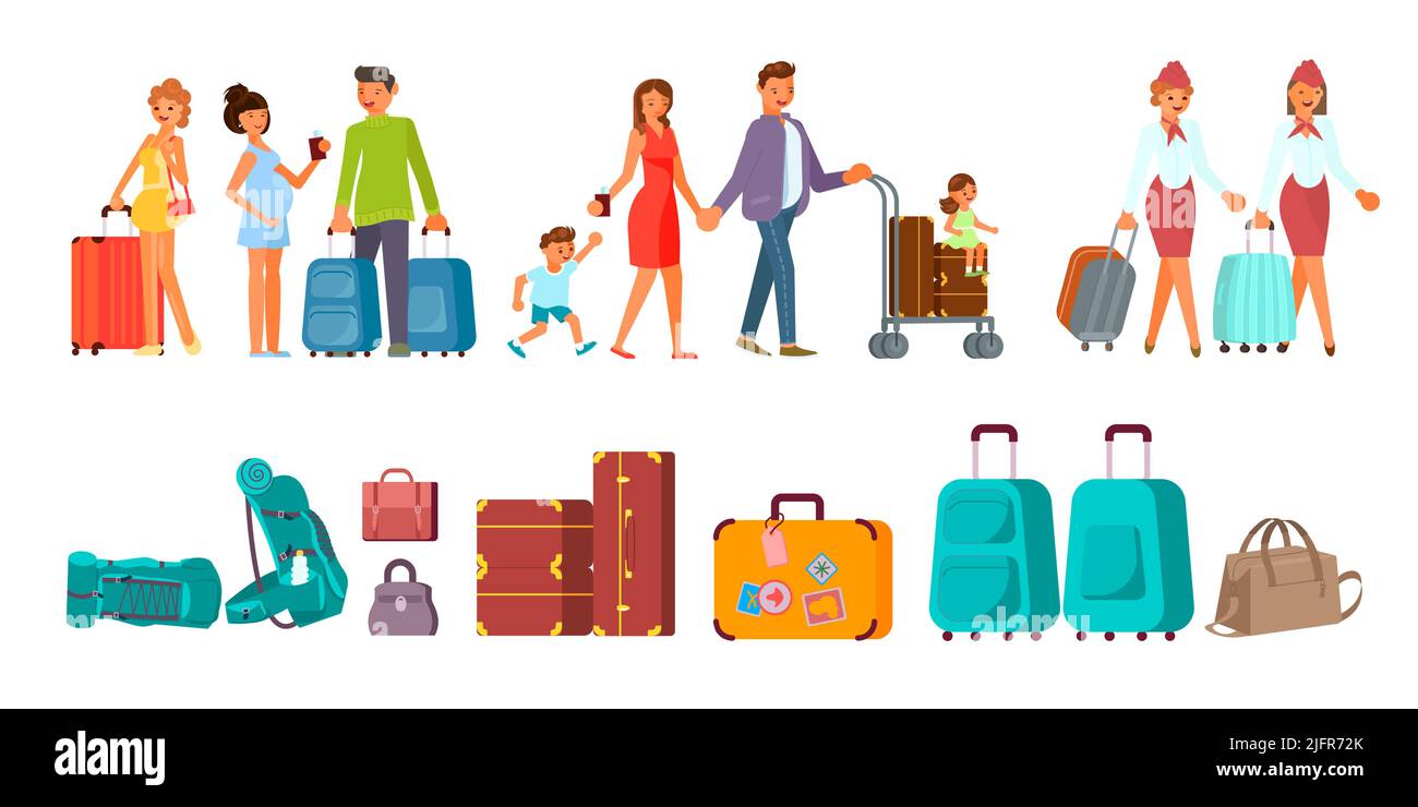 Set di vari bagagli e persone diverse con il loro bagaglio. Illustrazione del vettore Flat Art Illustrazione Vettoriale