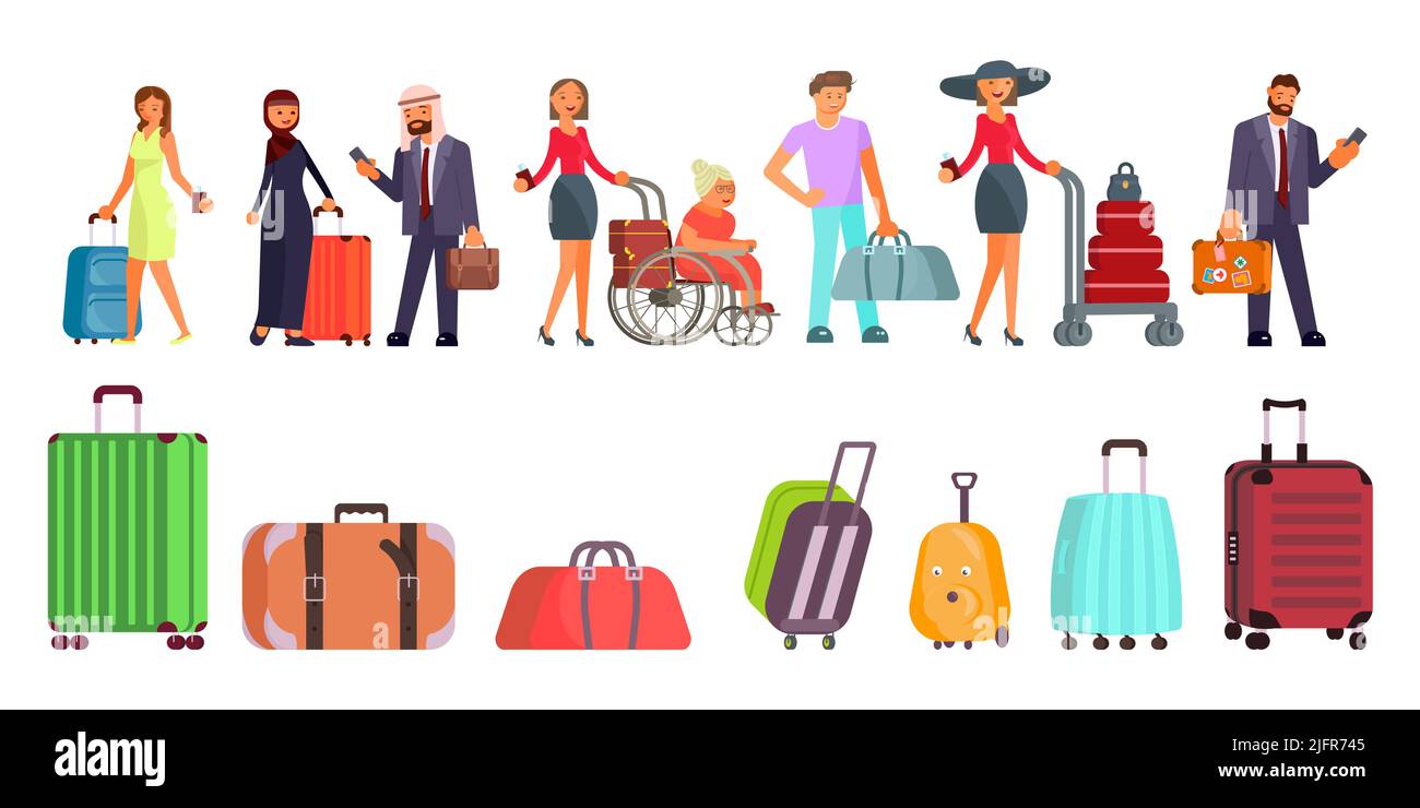 Set di vari bagagli e persone diverse con il loro bagaglio. Illustrazione del vettore Flat Art Illustrazione Vettoriale
