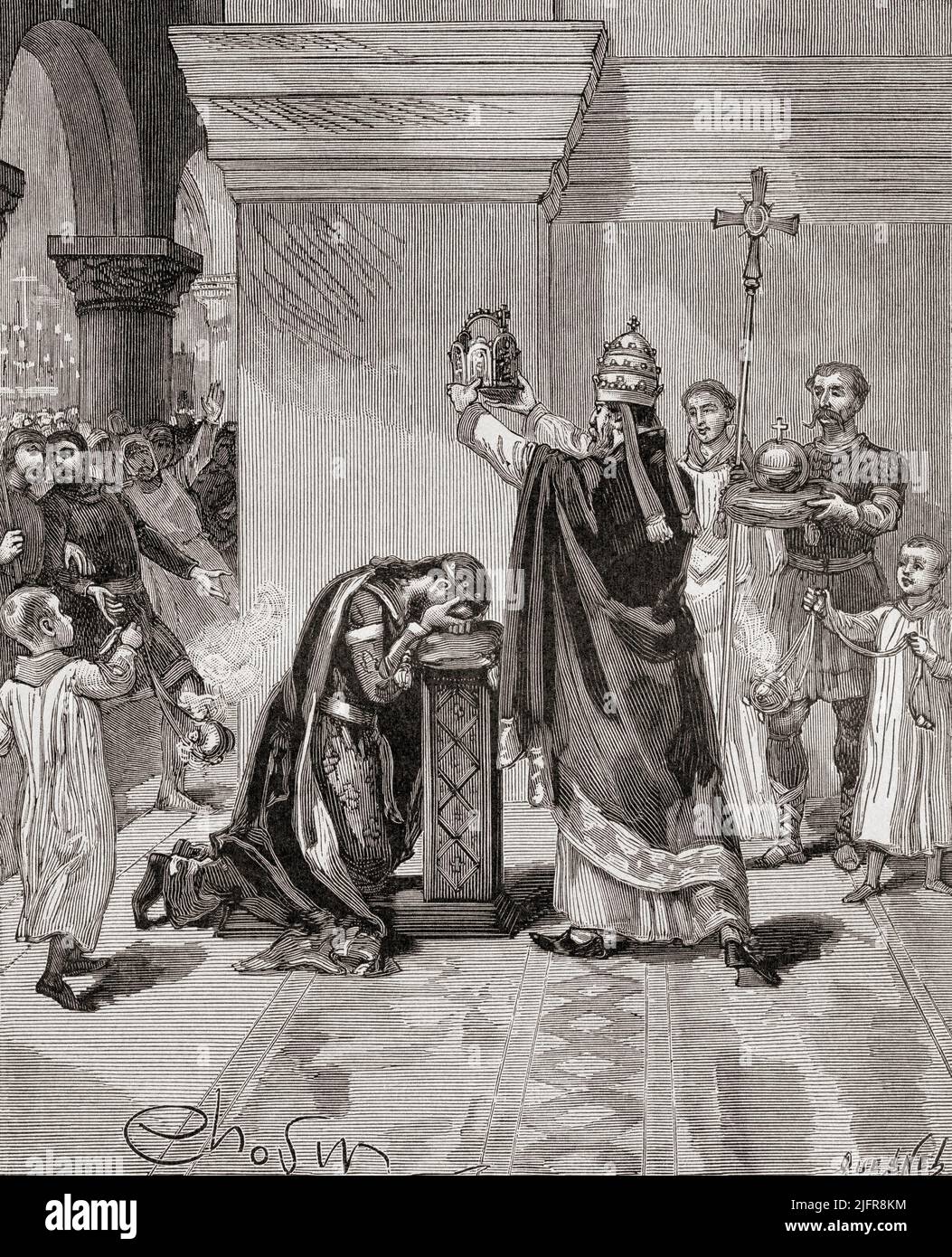 L'incoronazione di Carlo Magno come imperatore del Sacro Romano Impero da parte di Papa Leone III nel 800. Carlo Magno, noto anche come Carlo Magno, 747 - 814. Membro della dinastia carolingia, Re dei Franchi dal 768, Re dei Longobardi dal 774, e primo Imperatore Sacro Romano dal 800. Da Histoire de France, pubblicato il 1855. Foto Stock