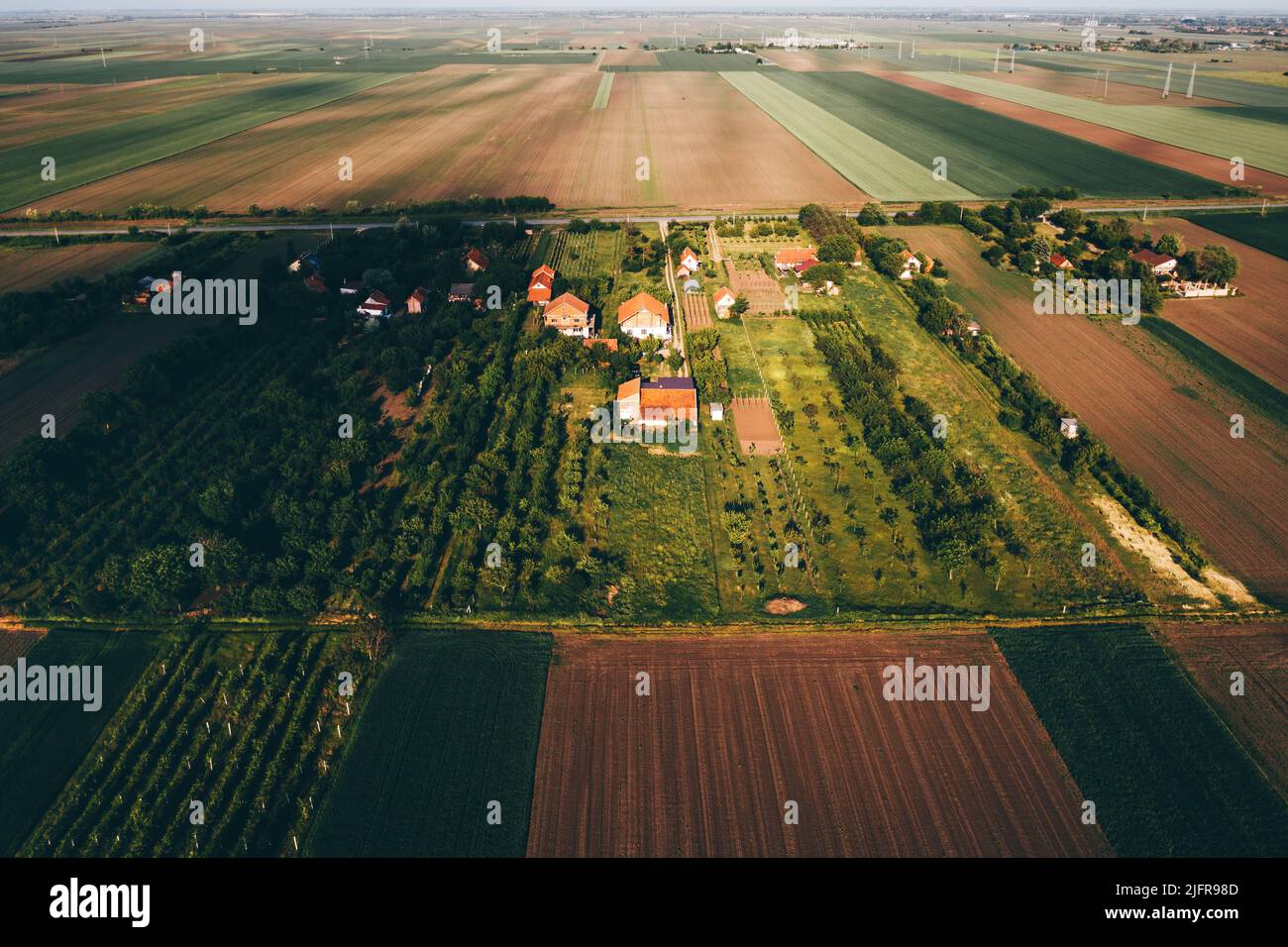 Paesaggio rurale con case e campi coltivati nella soleggiata giornata di primavera dal drone pov Foto Stock