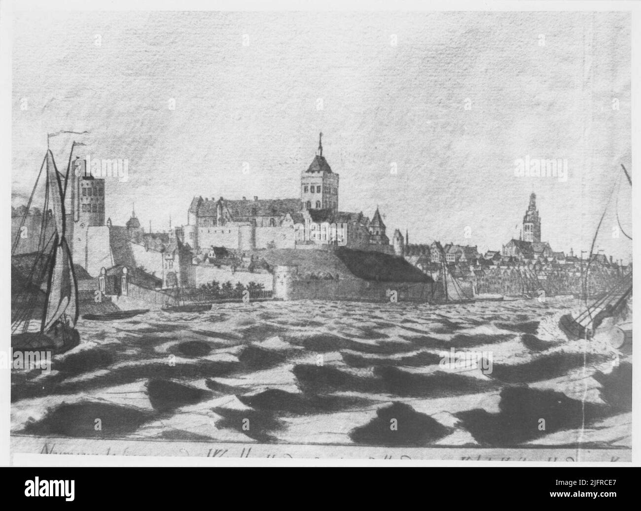 Uno schizzo del castello Het Valkhof, con il fiume Waal Foto Stock