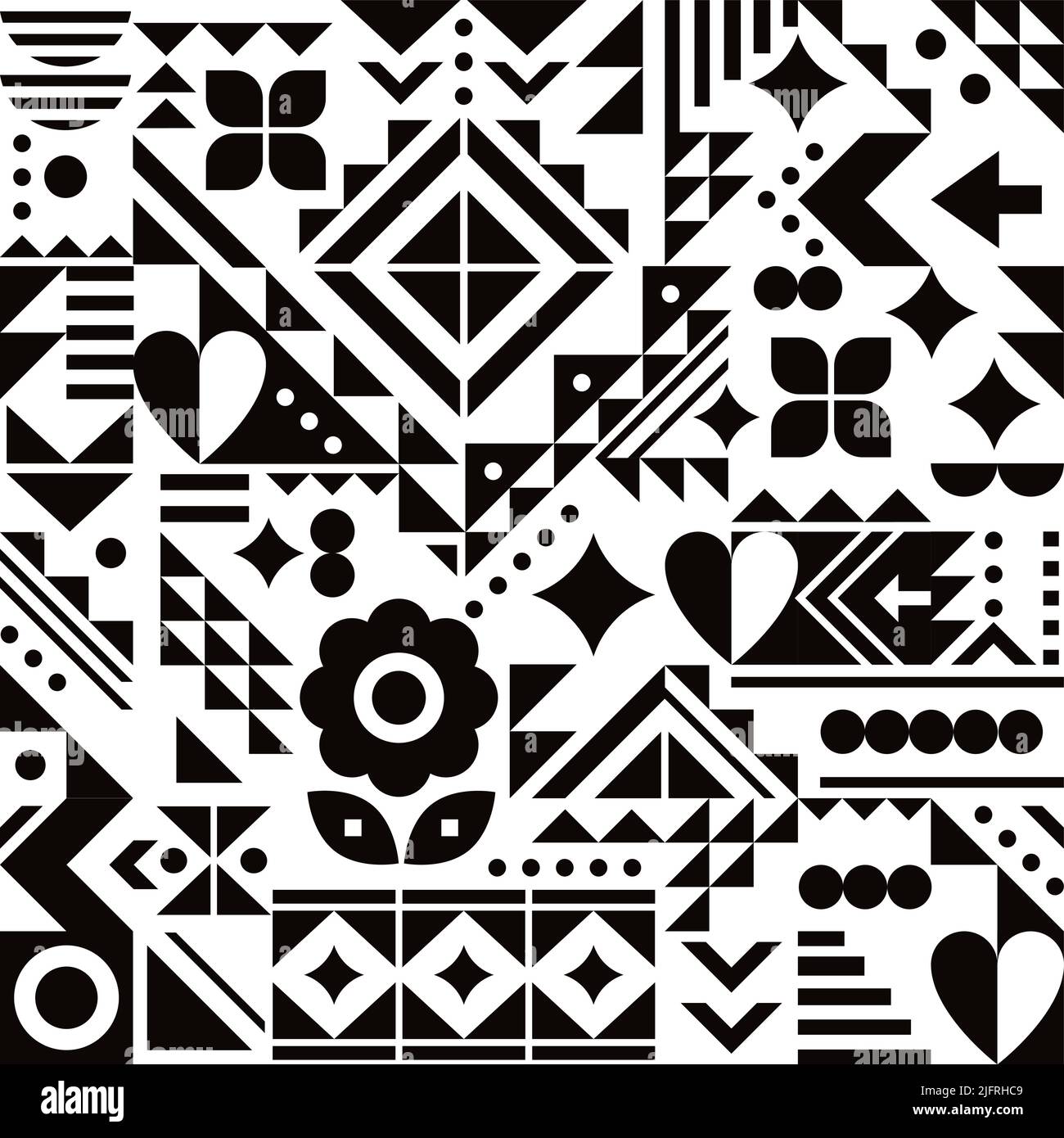 Modello vettoriale di ispirazione Bauhaus senza cuciture con cuori, fiori e forme geometriche in bianco e nero, design astratto moderno Illustrazione Vettoriale