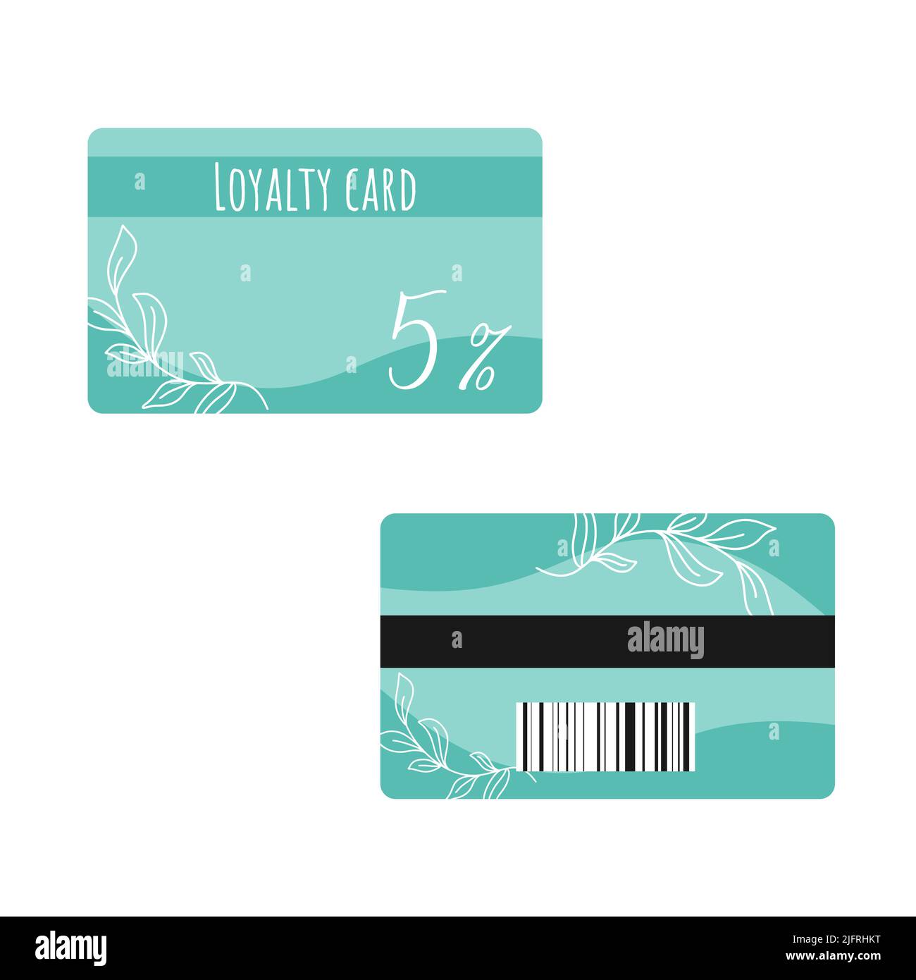 Illustrazione vettoriale isolata della carta fedeltà. Carta sconto cliente del negozio. Set di modelli di carte bonus per prodotti ecologici. Cornice con fogliame e discoteca percentuale Illustrazione Vettoriale