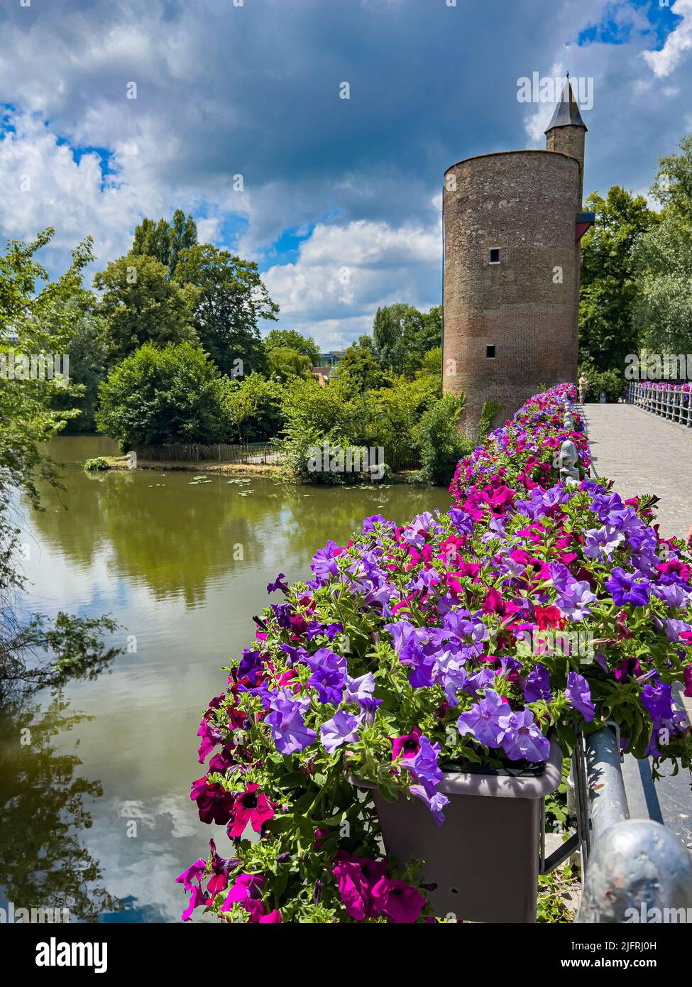 Un colpo verticale di un castello sulla riva di un lago circondato da splendidi alberi e fiori colorati Foto Stock
