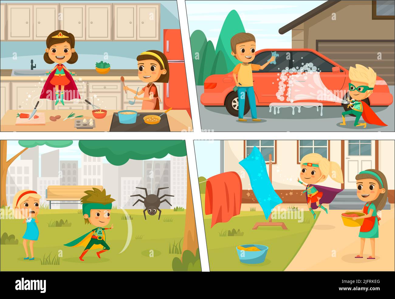 Bambini supereroi cartoon colorato icona set bambini in costumi aiutare cuoco lavare l'auto di salvataggio da avversità e contribuire a mescolare il vettore lavanderia Illustrat Illustrazione Vettoriale