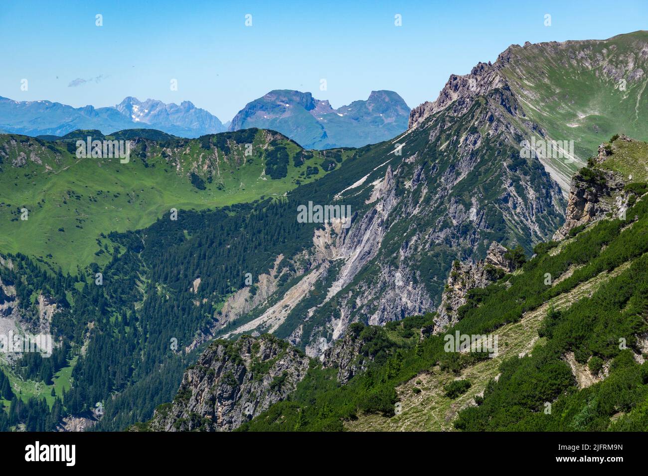 Panorama vom Nenzinger Himmel und den Bergen von Lichtenstein. alpine Wiesen mit verschiedensten farbigen Blumen und dunkle Wälder an den Berghängen. Foto Stock