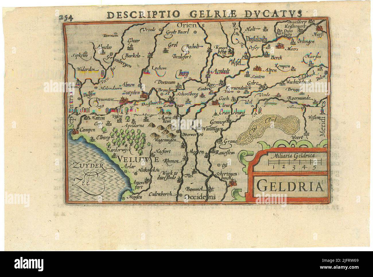 Scheda topografica scala Veluwe (CA: 1: 1: 1.500.000) 5 Militaria Geldrica = 2,5 cm secondo C. Koeman in 'Atlantes Neerlandici' 105100 LAN 1 1598 Caert -Thresoor cards of Gelderland and the Quarters, J. J. Vedenberg - pagina link. 32 n. la scheda 24the si verifica in molte versioni. Foto Stock