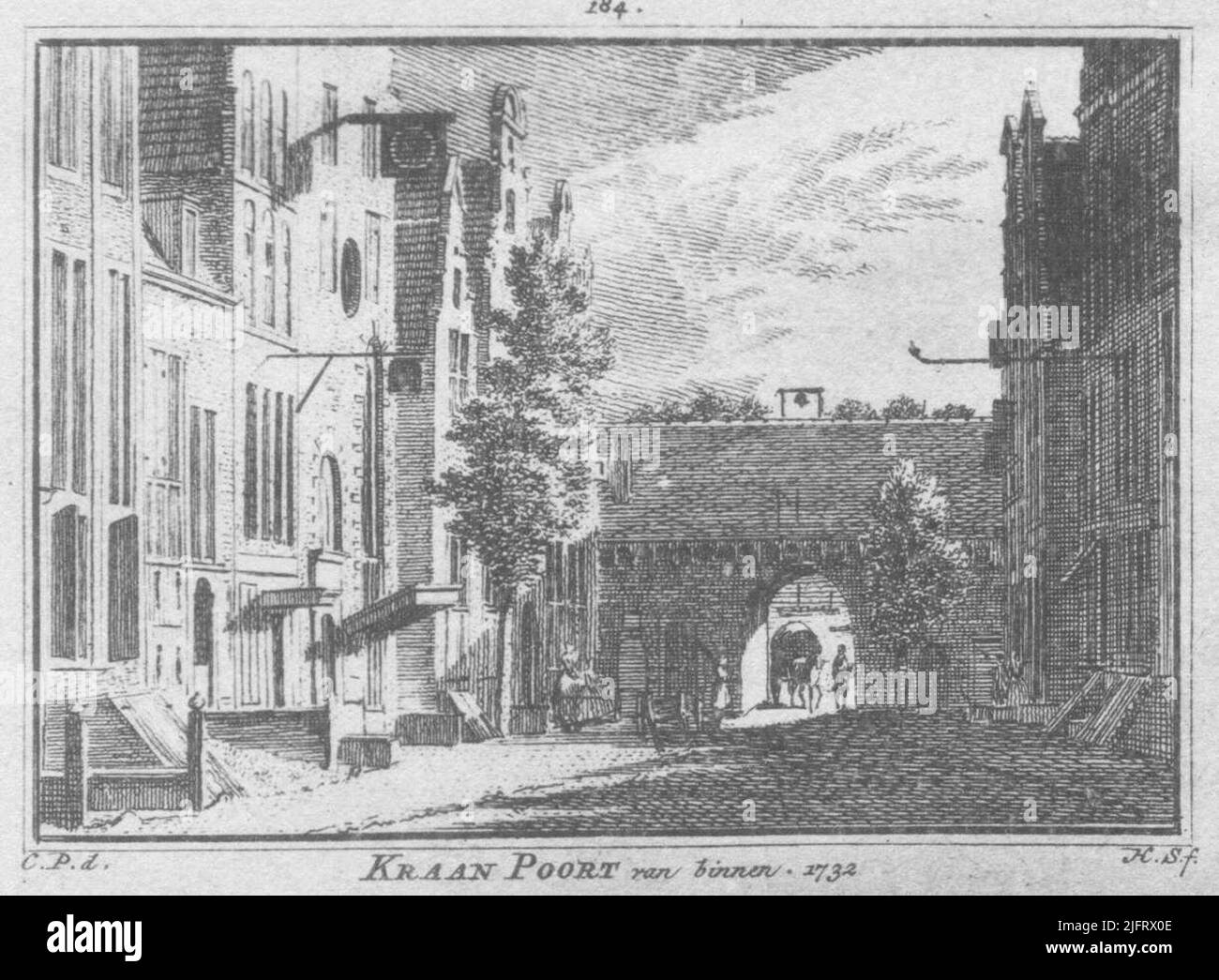 Il lato della città del Kraanpoort, visto dal Grotestraat in direzione del fiume Waal con la chiesa luterana a sinistra (l'ex San Nicolaas Gasthuis); Una penna disegnata da Hendrik Spilman (17-2-1721-3-2-1784) Foto Stock