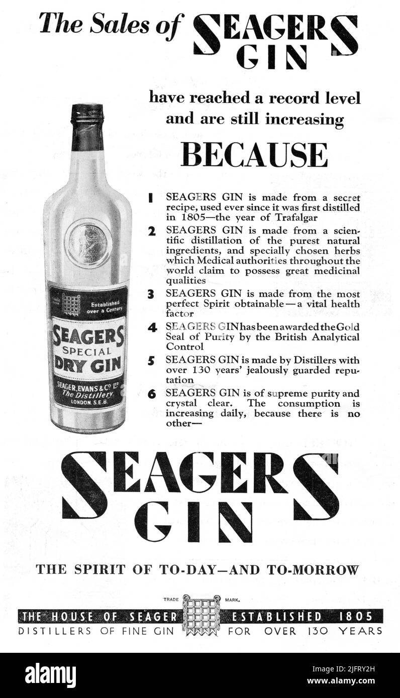 Una pubblicità del 1936 per Seagers Gin utilizzando lo slogan “lo spirito di oggi e di domani”. “Le vendite di Seagers Gin hanno raggiunto un livello record e sono ancora in aumento”. Foto Stock