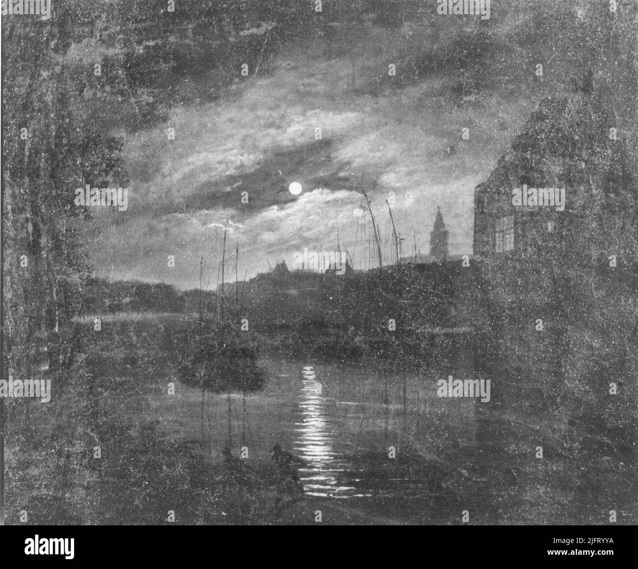 Una tela su pannello di Johannes Franciscus Christ, che rappresenta il vecchio porto con Bottelpoort (Boddelpoort) a Moonschijn (dalla collezione di Johannes Franciscus e Pieter Caspar Christ). Foto Stock