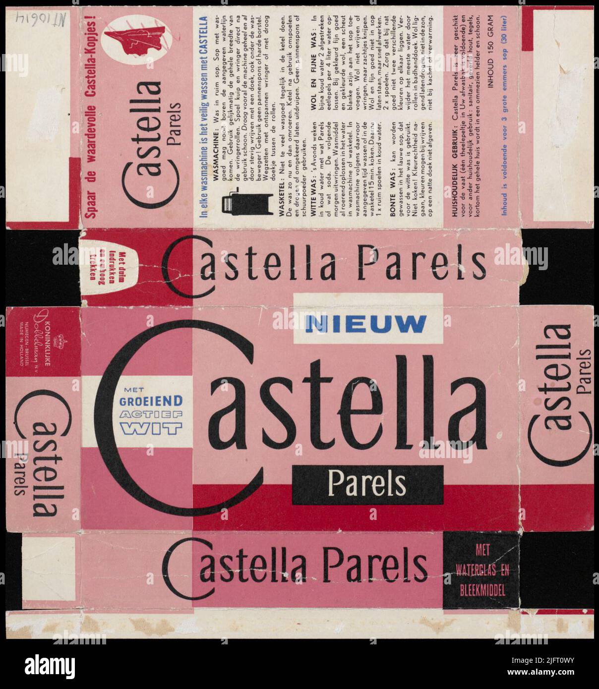 Castella Pearls nuovo con crescente Active White con acqua Glass e risparmio di candeggina le preziose teste Castella! Royal Dobbelman N.V. Nijmegen-Brusselsmade in Holland contenuto 150 grammi 'con le istruzioni per l'uso Foto Stock