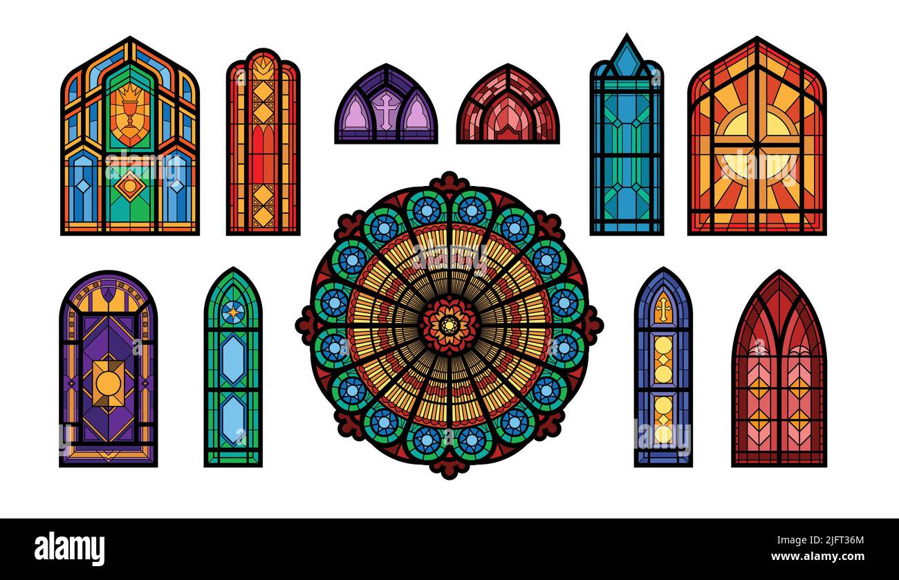 Set di diversi tipi di vetrate mosaico di una chiesa gotica illustrazione vettoriale piatta Illustrazione Vettoriale