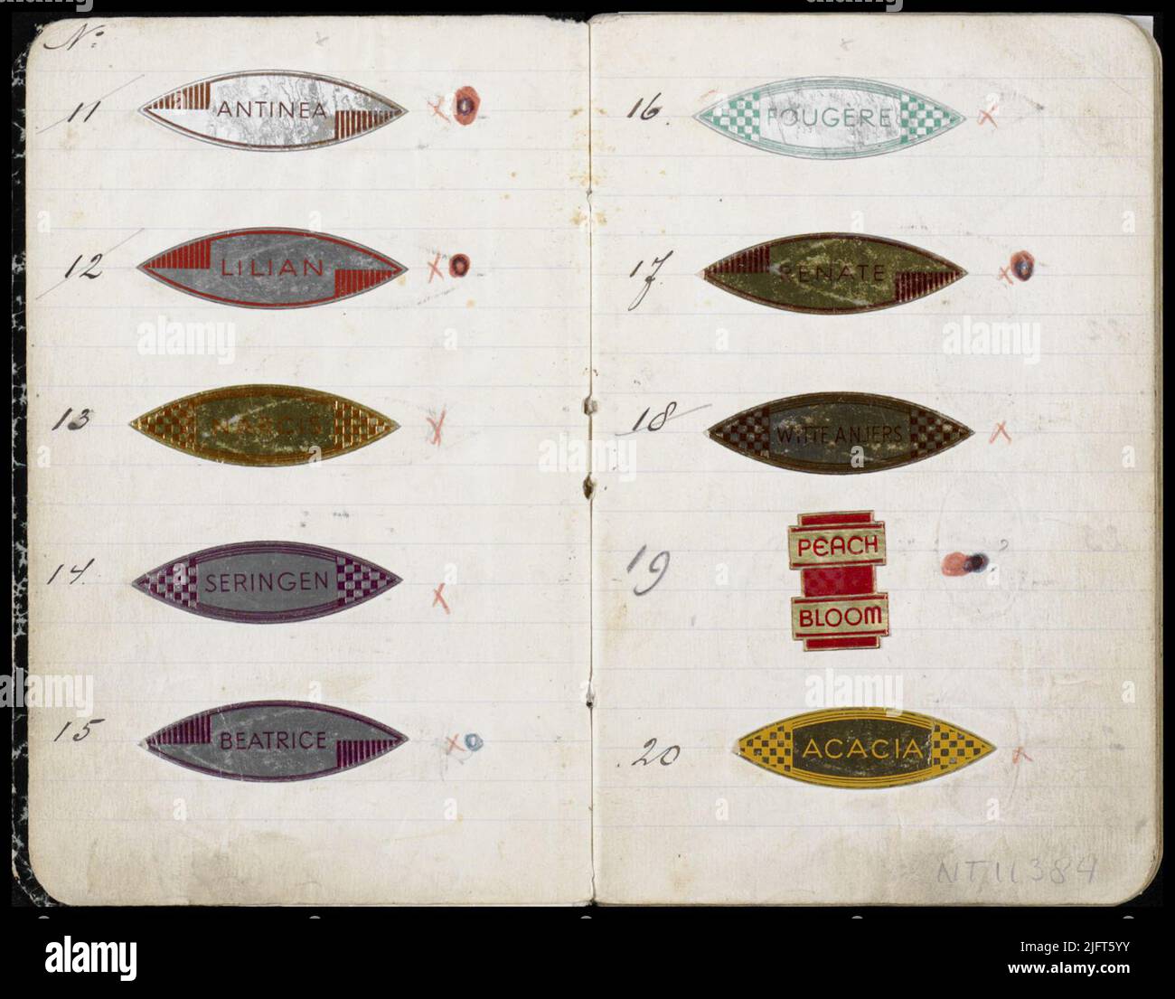 Doppia pagina in un libretto con timbri di chiusura di marche diverse (N.11 a 20). Foto Stock