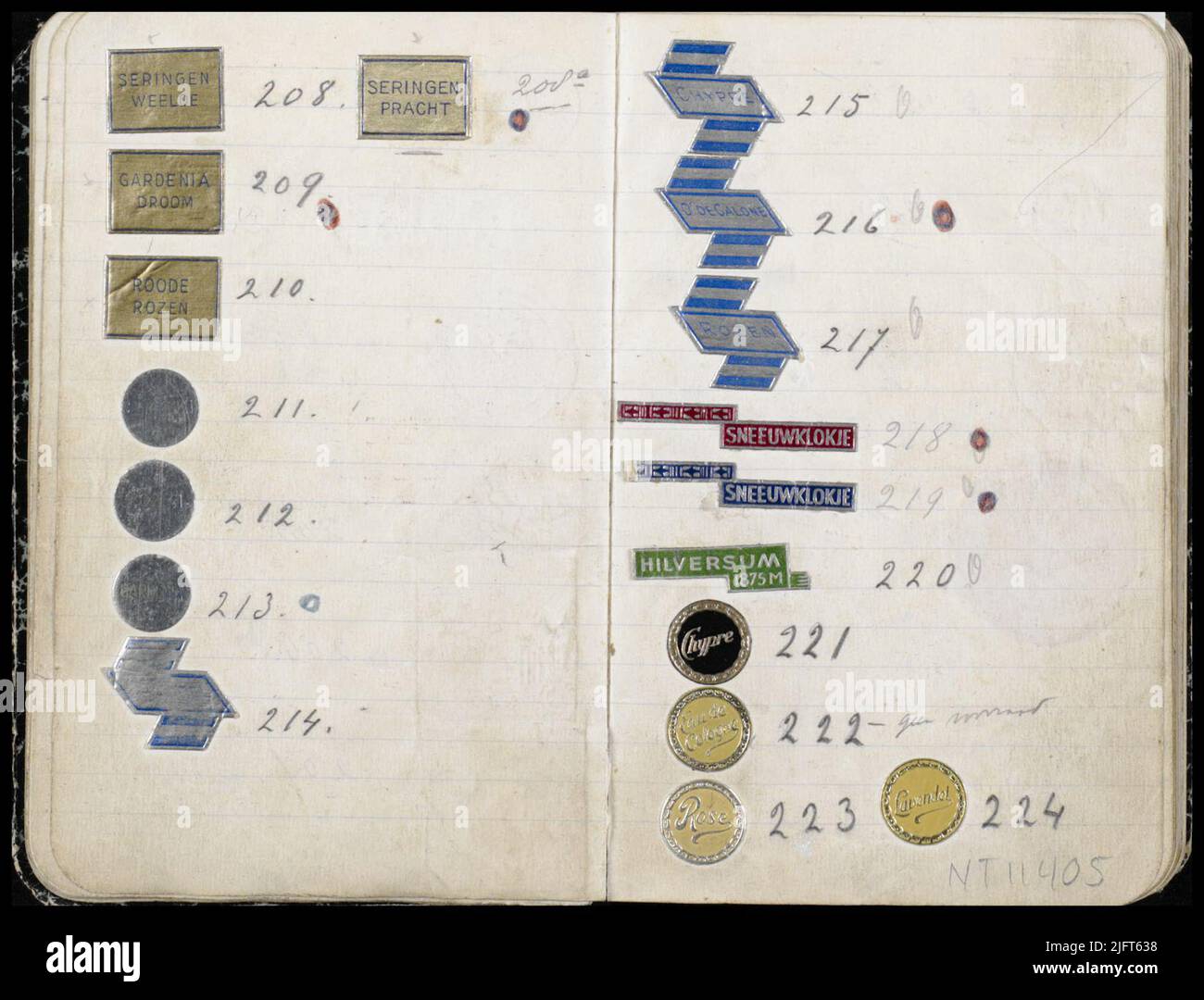 Doppia pagina in un libretto con chiusura di marche diverse (n.208 a 224). Foto Stock