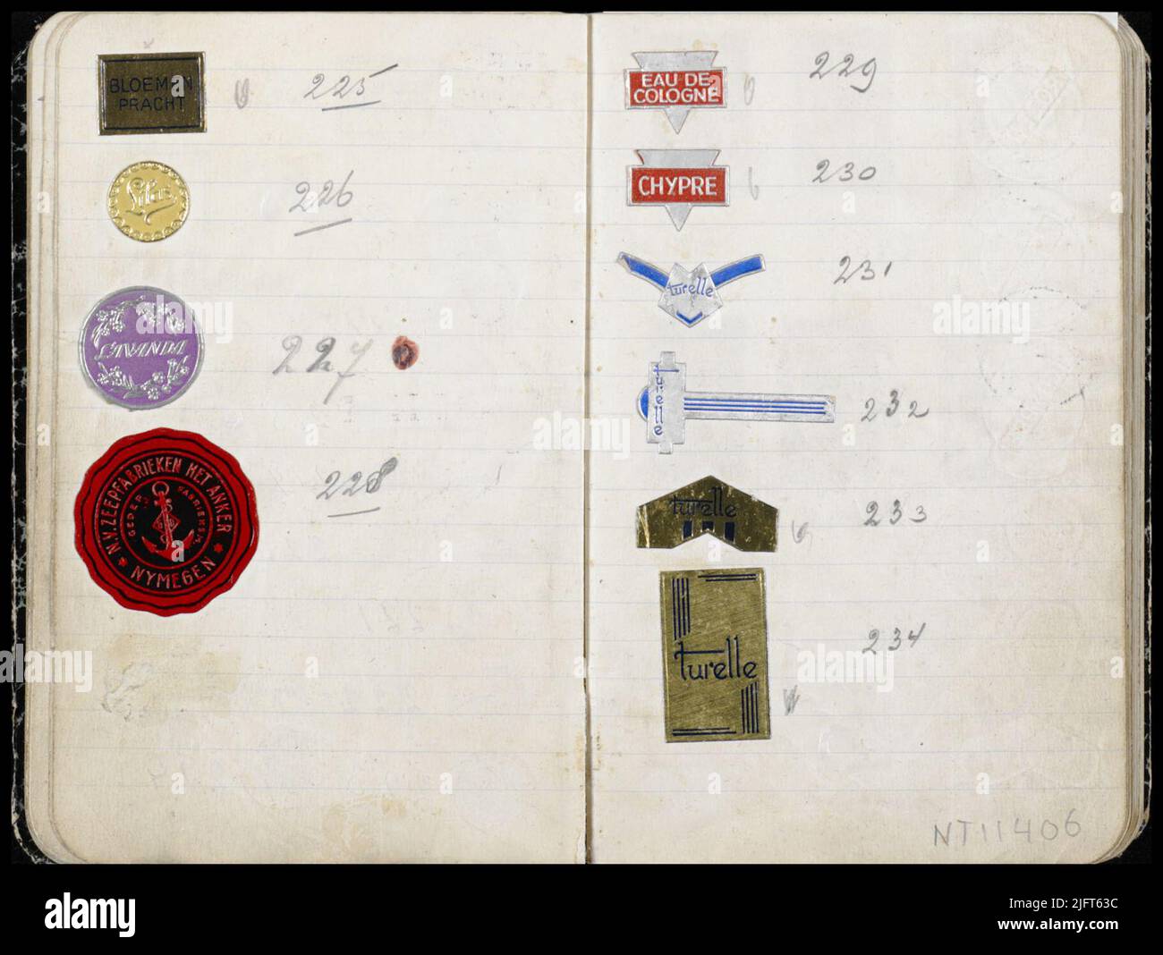 Doppia pagina in un libretto con chiusura di marche diverse (n.225 a 234). Foto Stock