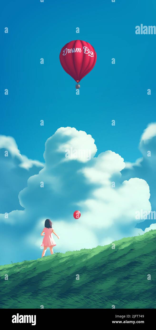 illustrazione vettoriale in una bambina che tiene un palloncino rosso e che starring un palloncino di gas grande in rosso che galleggia nel cielo Illustrazione Vettoriale